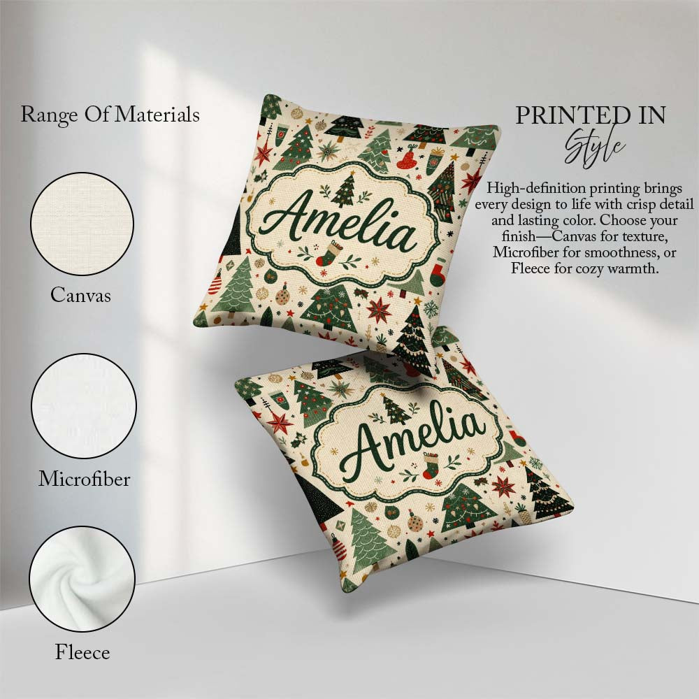Custom Name Scandinavian Christmas Trees Snowflakes Cozy Holiday Square Filled Cushion Throw Pillow Sofa Bed Home Decor Zip Washable UK Made