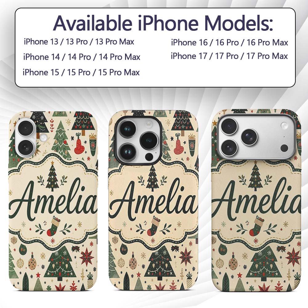 Scandinavian Christmas Trees Ornaments Snowflakes Custom Name Protective Phone Case Mobile Cover Durable Everyday Smartphone Shock Resistant
