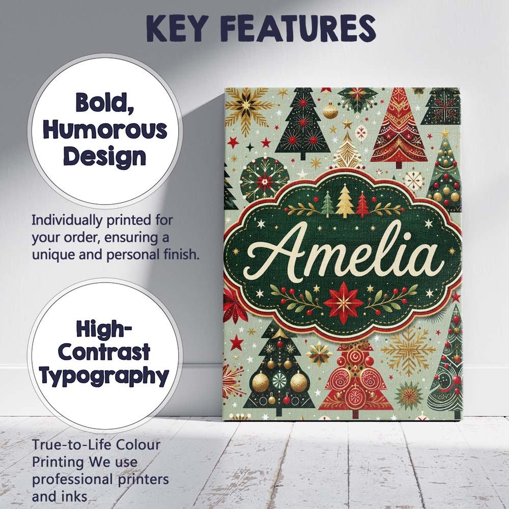Personalised Name Elegant Festive Christmas Custom  Bespoke Interior Contemporary Canvas Wall Art Print Decor Picture Ready to Hang
