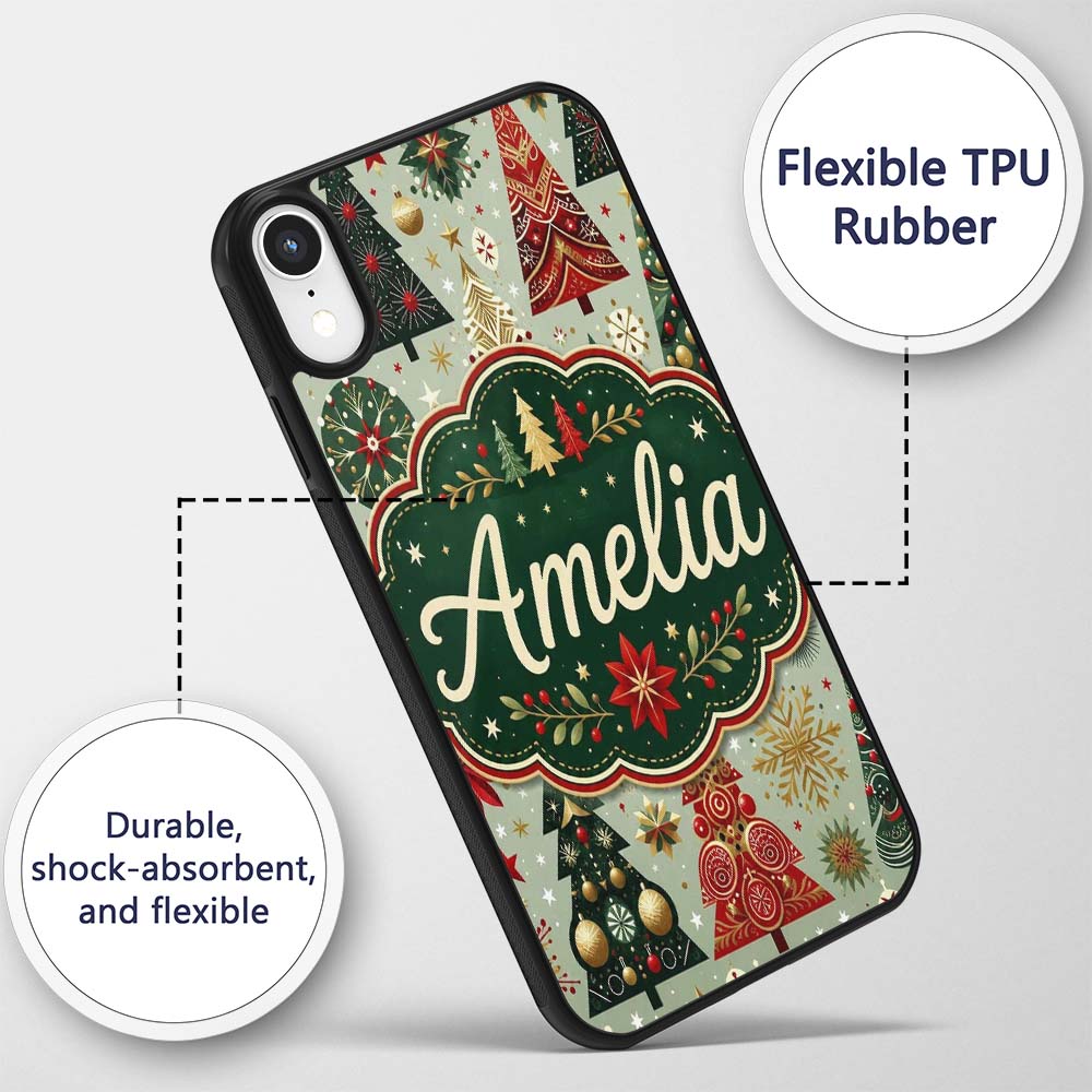 Elegant Festive Christmas Trees Snowflakes Gold Custom Name Protective Phone Case Mobile Cover Durable Everyday Smartphone Shock Resistant