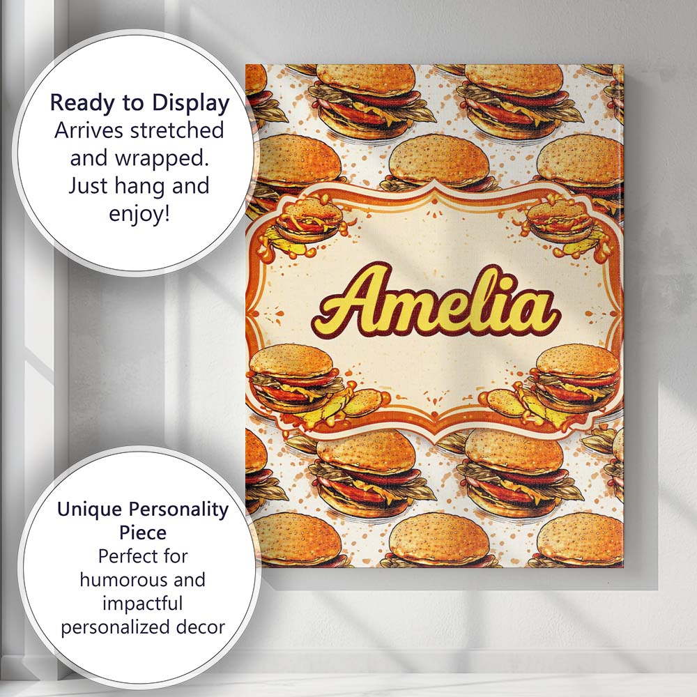 Personalised Name Sketch Style Burger Seamless Pattern Fast Food Custom  Interior Canvas Wall Art Print Decor Picture Ready to Hang