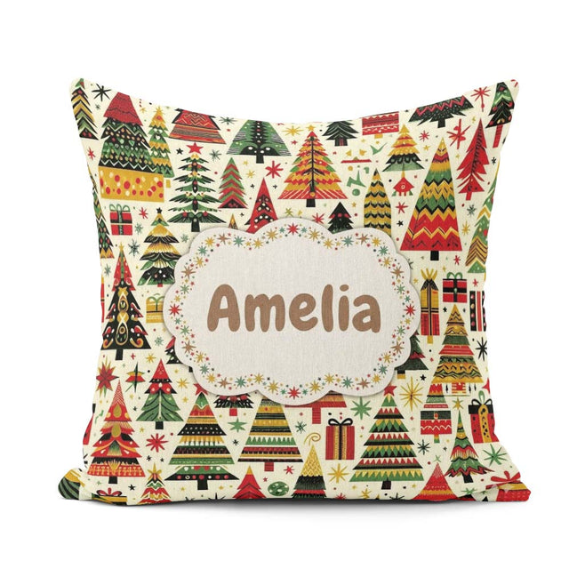 Custom Name Vibrant Nordic Christmas Trees Gifts Festive Holiday Square Filled Cushion Throw Pillow Sofa Bed Home Decor Zip Washable UK Made