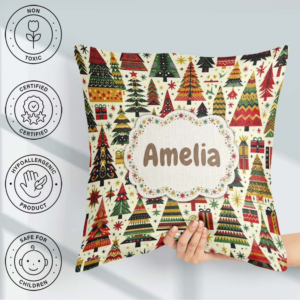 Custom Name Vibrant Nordic Christmas Trees Gifts Festive Holiday Square Filled Cushion Throw Pillow Sofa Bed Home Decor Zip Washable UK Made