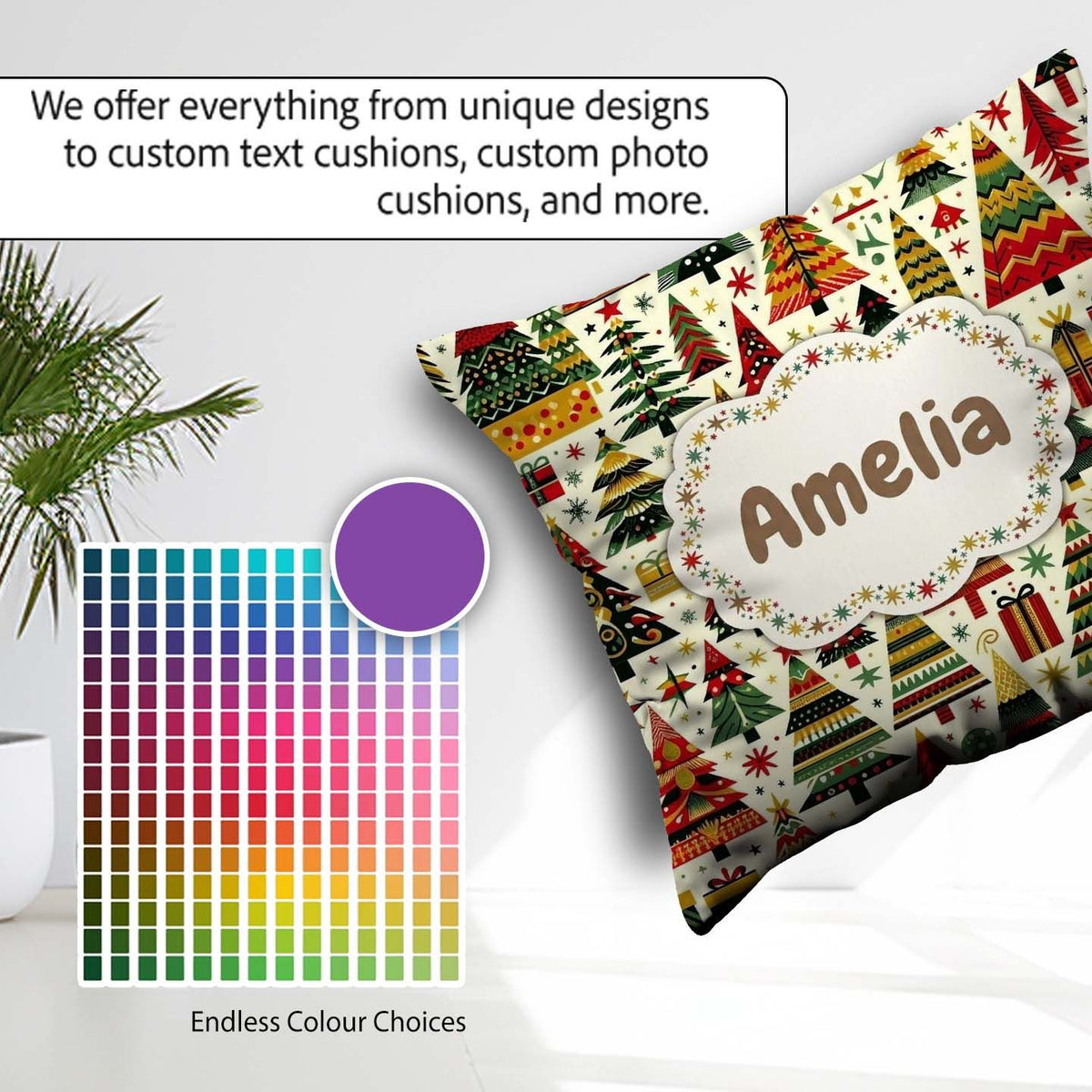 Custom Name Vibrant Nordic Christmas Trees Gifts Festive Holiday Square Filled Cushion Throw Pillow Sofa Bed Home Decor Zip Washable UK Made
