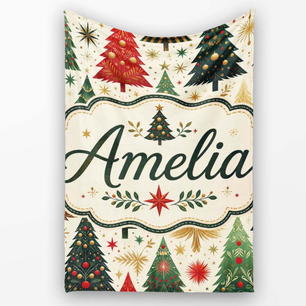 Elegant Christmas Trees Gold Green Red Stars Festive Seamless Lovely  Personalised Custom Name Super Soft Fleece Blanket Bed Sofa Throw