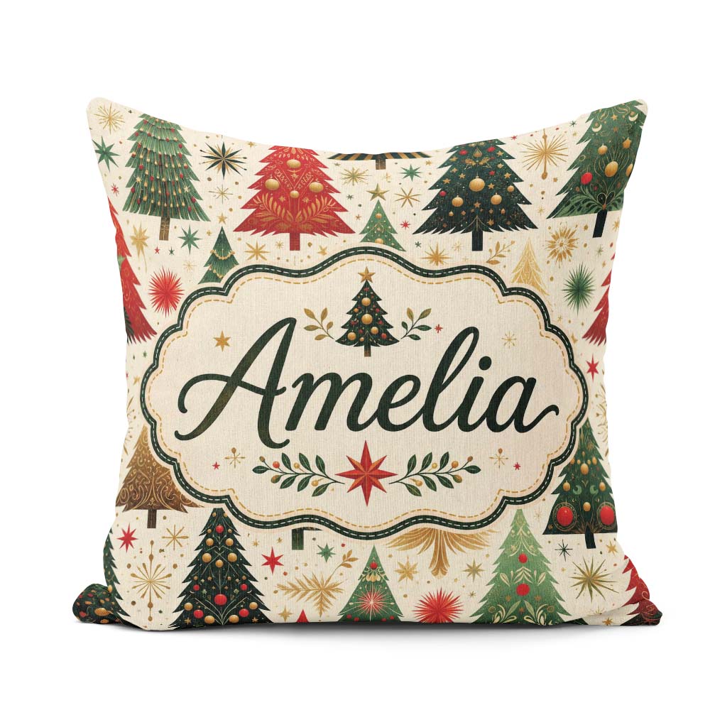 Custom Name Elegant Christmas Trees Gold Green Red Stars Festive Square Filled Cushion Throw Pillow Sofa Bed Home Decor Zip Washable UK Made
