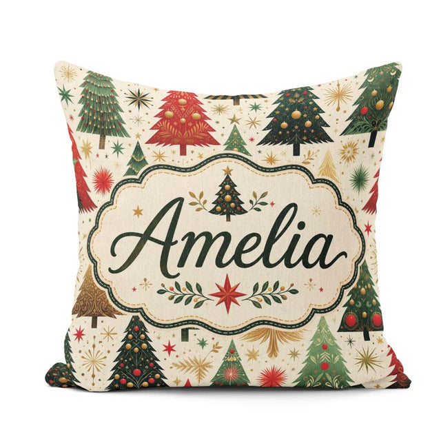 Custom Name Elegant Christmas Trees Gold Green Red Stars Festive Square Filled Cushion Throw Pillow Sofa Bed Home Decor Zip Washable UK Made