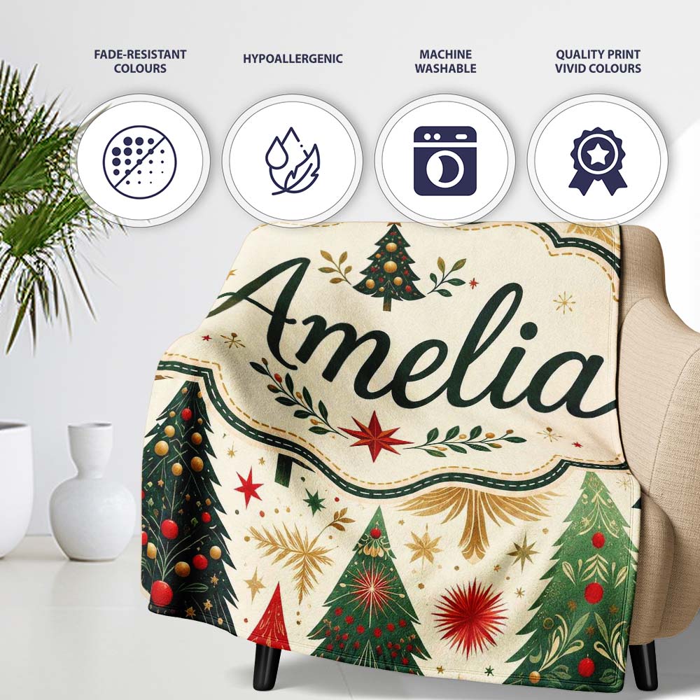 Elegant Christmas Trees Gold Green Red Stars Festive Seamless Lovely  Personalised Custom Name Super Soft Fleece Blanket Bed Sofa Throw