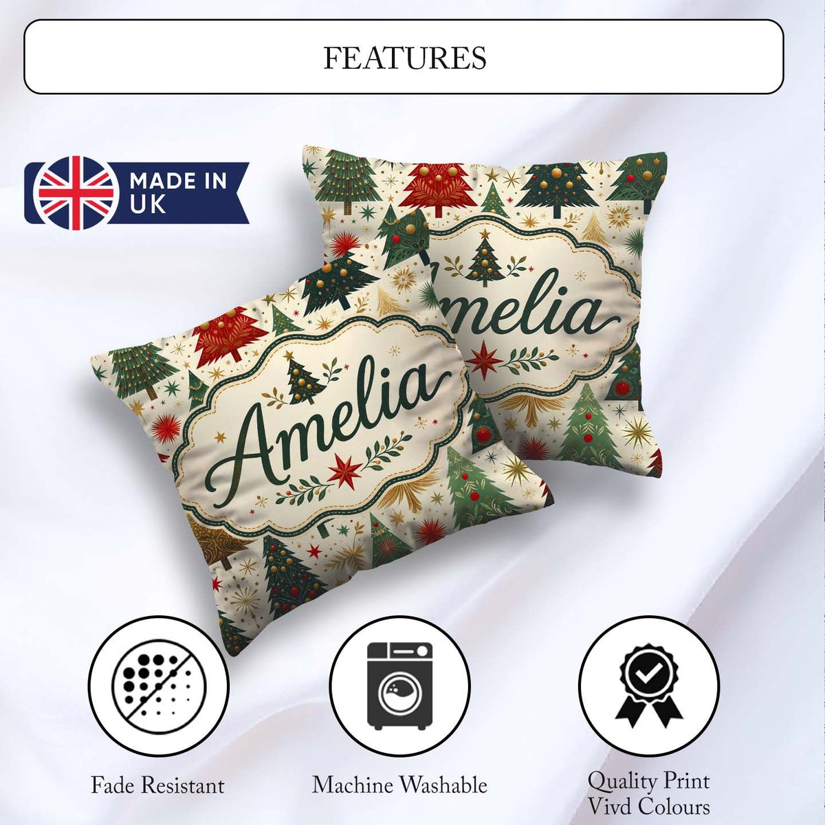Custom Name Elegant Christmas Trees Gold Green Red Stars Festive Square Filled Cushion Throw Pillow Sofa Bed Home Decor Zip Washable UK Made