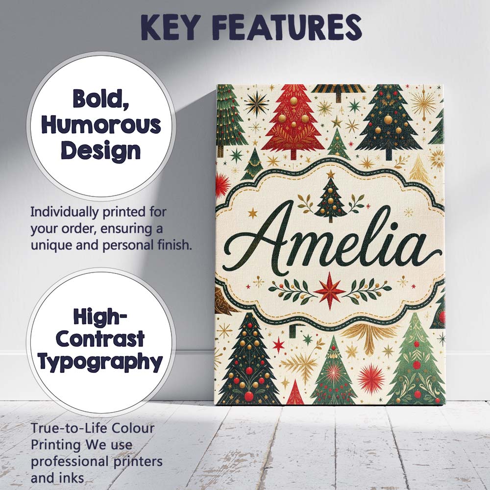 Personalised Name Elegant Christmas Trees Custom  Bespoke Decorative Contemporary Canvas Wall Art Print Decor Picture Ready to Hang