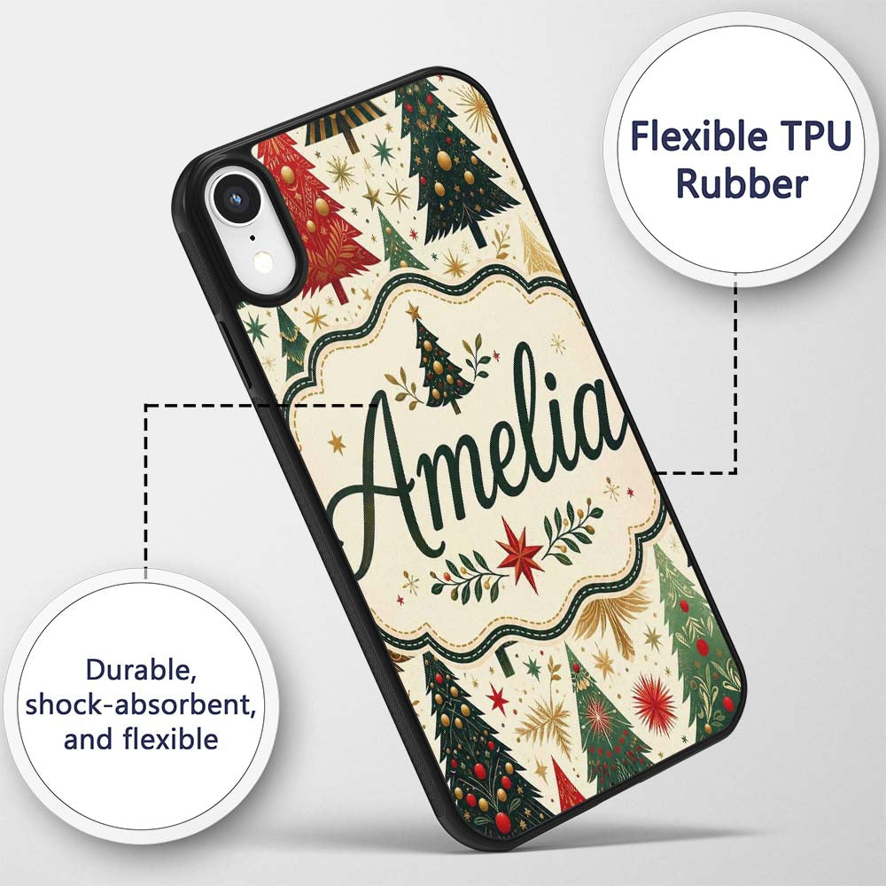 Elegant Christmas Trees Gold Green Red Stars Custom Name Protective Phone Case Mobile Cover Durable Everyday Smartphone Shock Resistant