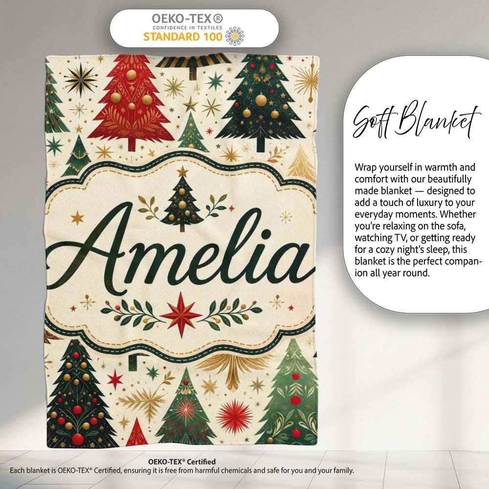 Elegant Christmas Trees Gold Green Red Stars Festive Seamless Lovely  Personalised Custom Name Super Soft Fleece Blanket Bed Sofa Throw