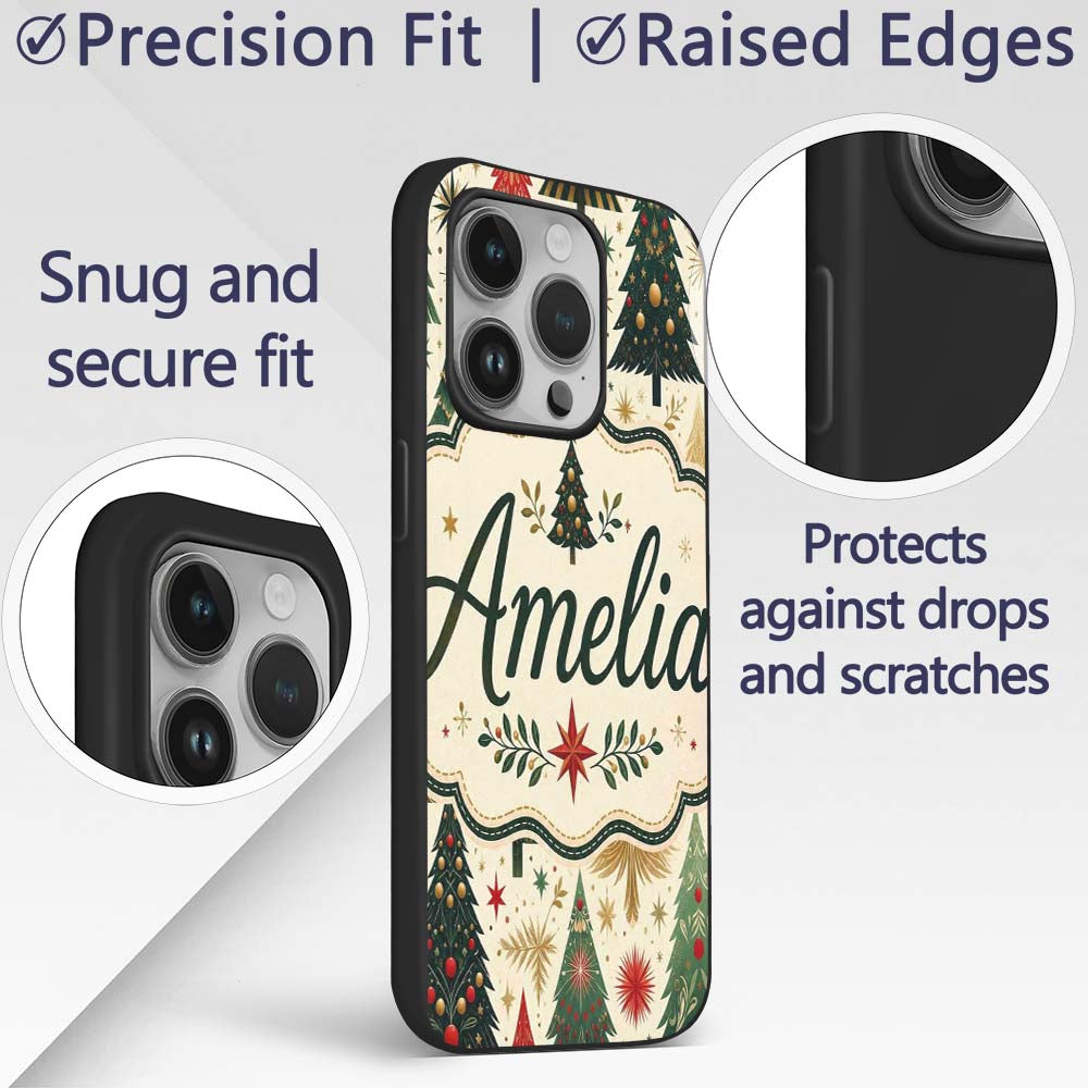 Elegant Christmas Trees Gold Green Red Stars Custom Name Protective Phone Case Mobile Cover Durable Everyday Smartphone Shock Resistant