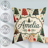 Custom Name Elegant Christmas Trees Gold Green Red Stars Festive Square Filled Cushion Throw Pillow Sofa Bed Home Decor Zip Washable UK Made