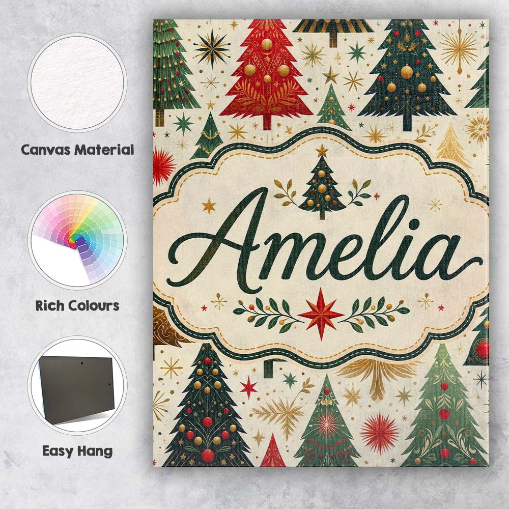 Personalised Name Elegant Christmas Trees Custom  Bespoke Decorative Contemporary Canvas Wall Art Print Decor Picture Ready to Hang