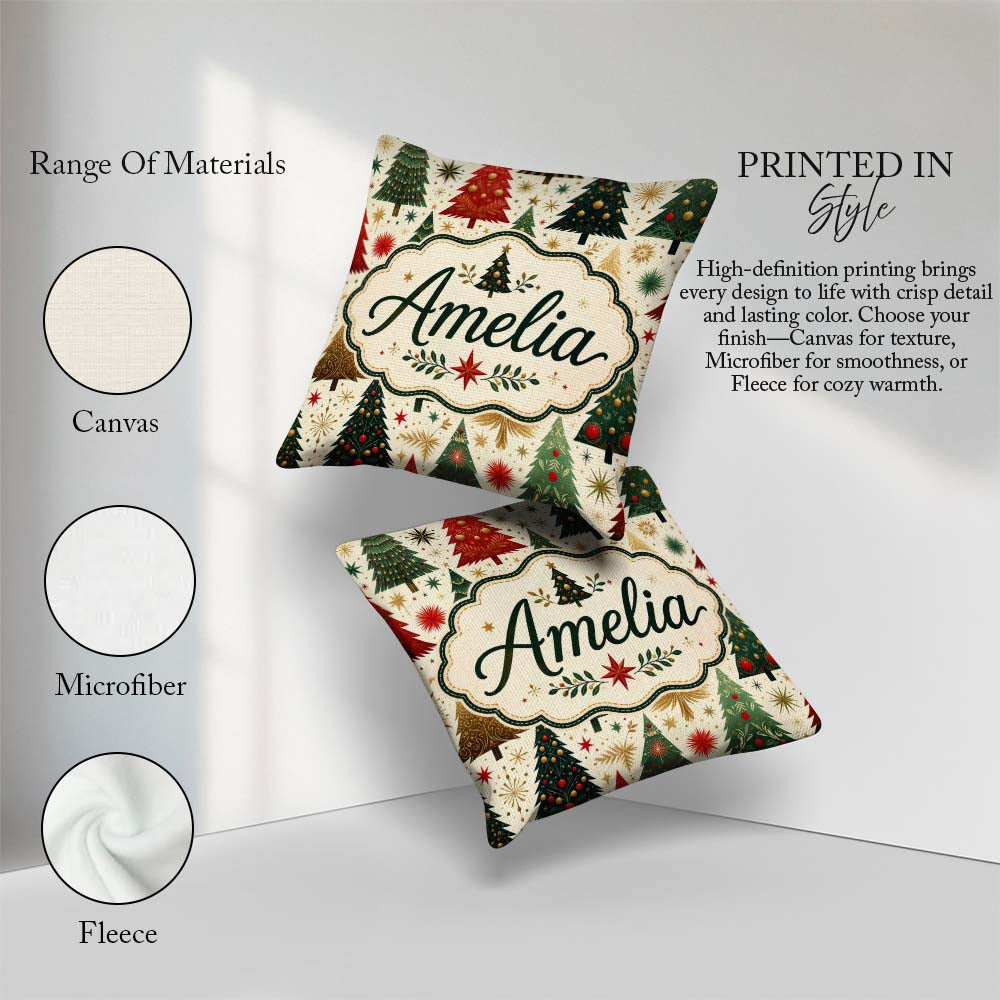 Custom Name Elegant Christmas Trees Gold Green Red Stars Festive Square Filled Cushion Throw Pillow Sofa Bed Home Decor Zip Washable UK Made