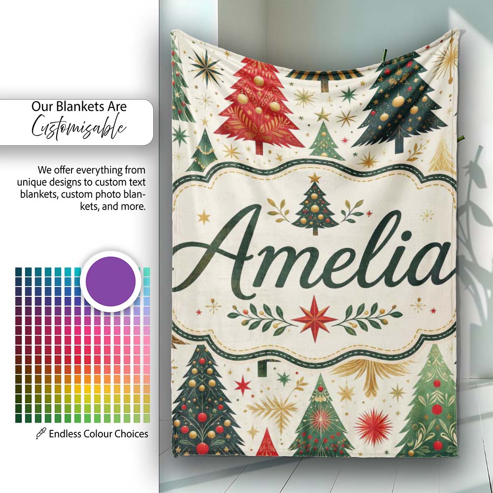 Elegant Christmas Trees Gold Green Red Stars Festive Seamless Lovely  Personalised Custom Name Super Soft Fleece Blanket Bed Sofa Throw