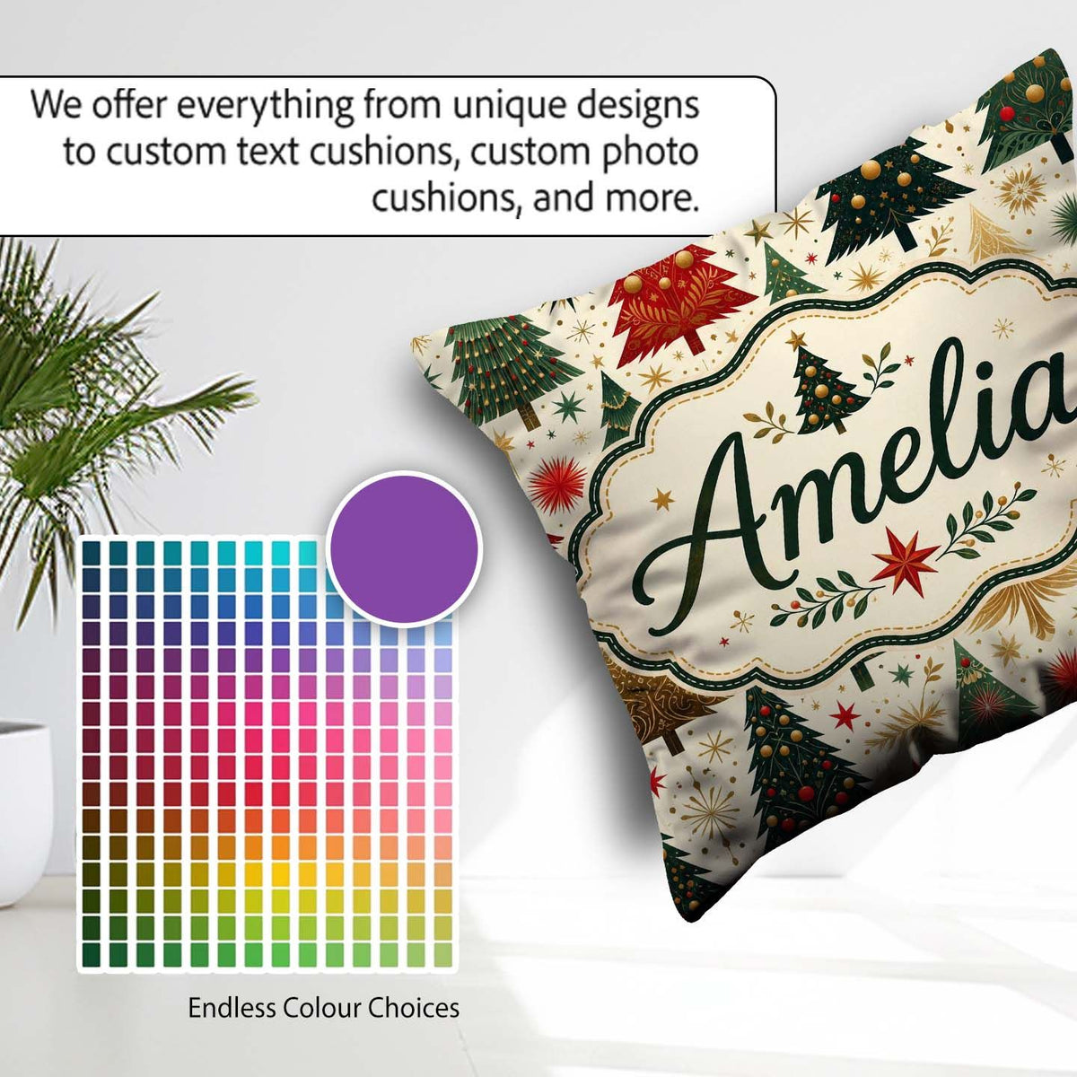 Custom Name Elegant Christmas Trees Gold Green Red Stars Festive Square Filled Cushion Throw Pillow Sofa Bed Home Decor Zip Washable UK Made