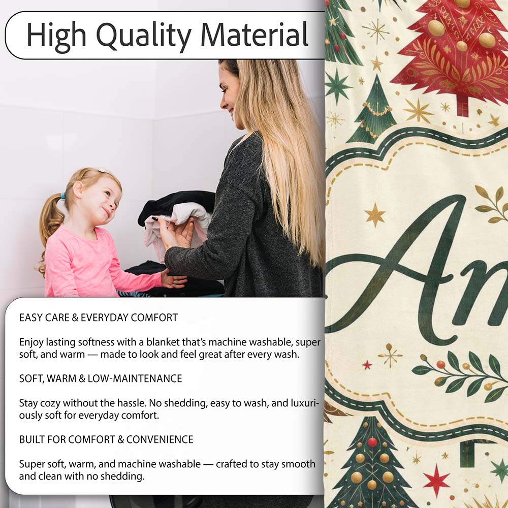Elegant Christmas Trees Gold Green Red Stars Festive Seamless Lovely  Personalised Custom Name Super Soft Fleece Blanket Bed Sofa Throw