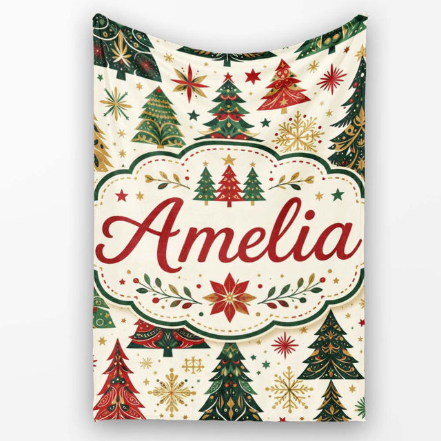 Ornate Christmas Trees Snowflakes Stars Vintage Holiday Seamless  Personalised Custom Name Super Soft Fleece Blanket Bed Sofa Throw