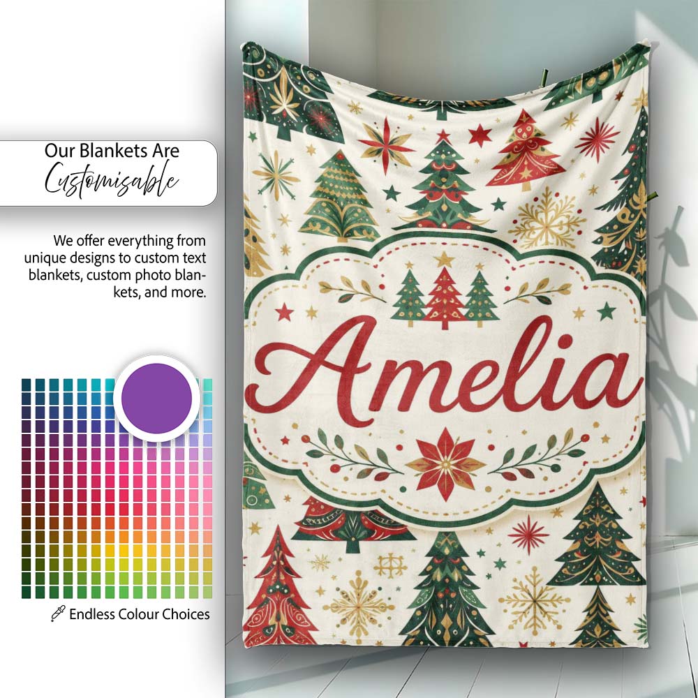 Ornate Christmas Trees Snowflakes Stars Vintage Holiday Seamless  Personalised Custom Name Super Soft Fleece Blanket Bed Sofa Throw