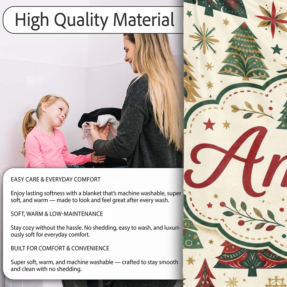 Ornate Christmas Trees Snowflakes Stars Vintage Holiday Seamless  Personalised Custom Name Super Soft Fleece Blanket Bed Sofa Throw