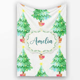 Watercolor Christmas Trees with Lights in Pots Cute Holiday Seamless  Personalised Custom Name Super Soft Fleece Blanket Bed Sofa Throw