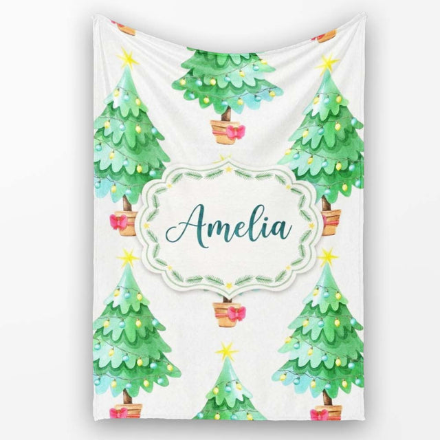 Watercolor Christmas Trees with Lights in Pots Cute Holiday Seamless  Personalised Custom Name Super Soft Fleece Blanket Bed Sofa Throw