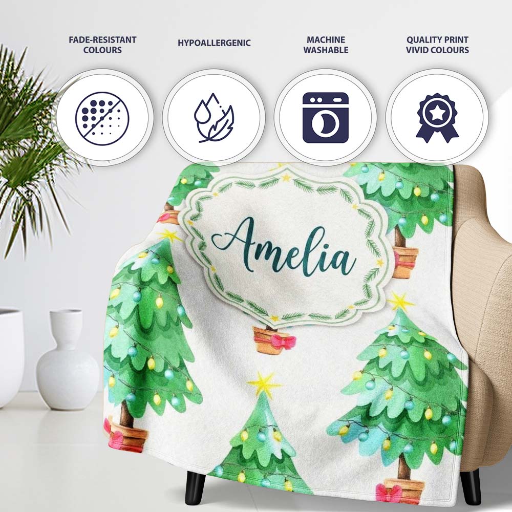 Watercolor Christmas Trees with Lights in Pots Cute Holiday Seamless  Personalised Custom Name Super Soft Fleece Blanket Bed Sofa Throw