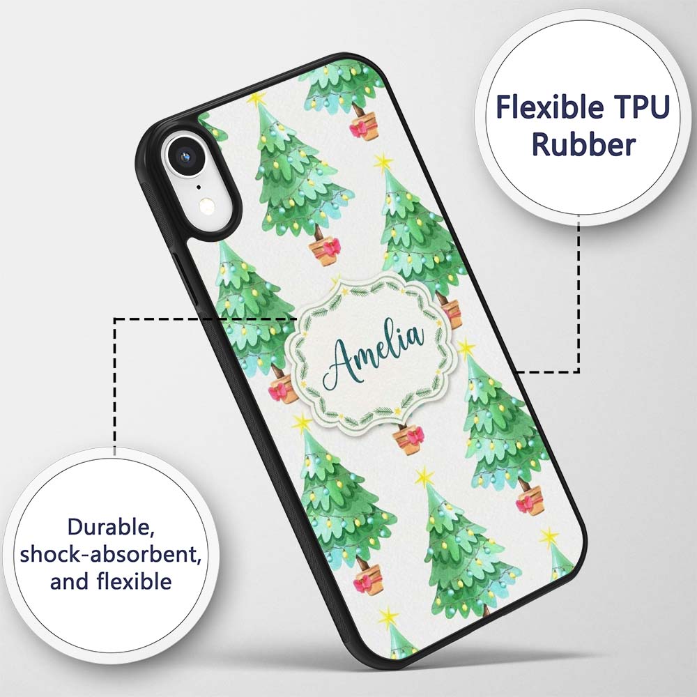 Watercolor Christmas Trees with Lights in Pots Custom Name Protective Phone Case Mobile Cover Durable Everyday Smartphone Shock Resistant