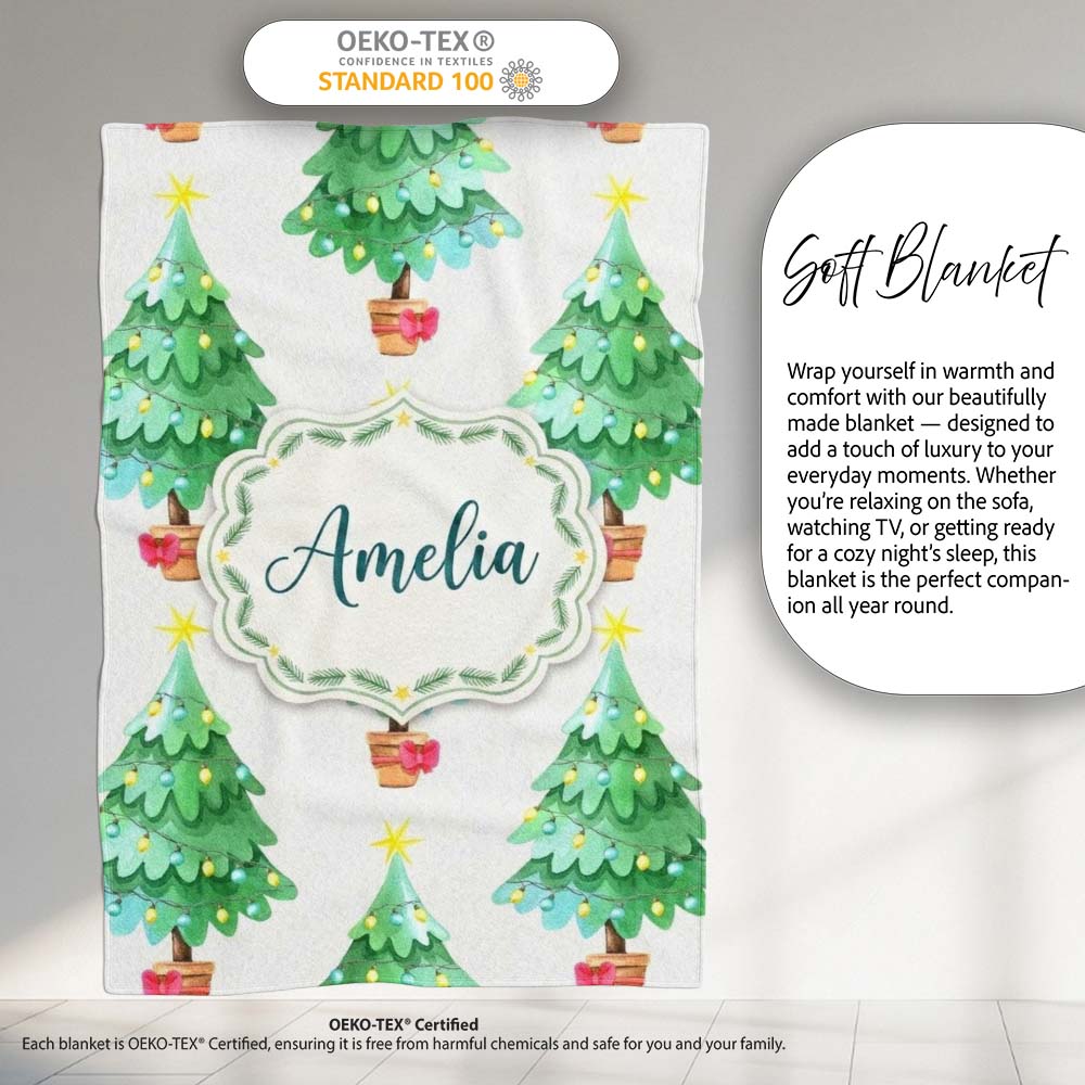 Watercolor Christmas Trees with Lights in Pots Cute Holiday Seamless  Personalised Custom Name Super Soft Fleece Blanket Bed Sofa Throw