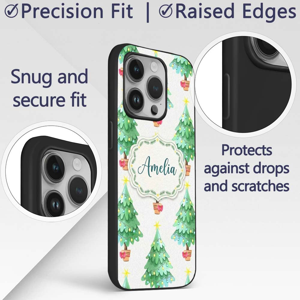 Watercolor Christmas Trees with Lights in Pots Custom Name Protective Phone Case Mobile Cover Durable Everyday Smartphone Shock Resistant
