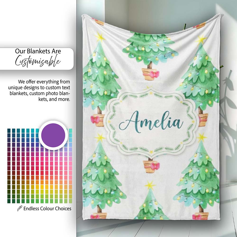 Watercolor Christmas Trees with Lights in Pots Cute Holiday Seamless  Personalised Custom Name Super Soft Fleece Blanket Bed Sofa Throw