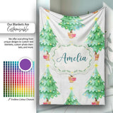 Watercolor Christmas Trees with Lights in Pots Cute Holiday Seamless  Personalised Custom Name Super Soft Fleece Blanket Bed Sofa Throw