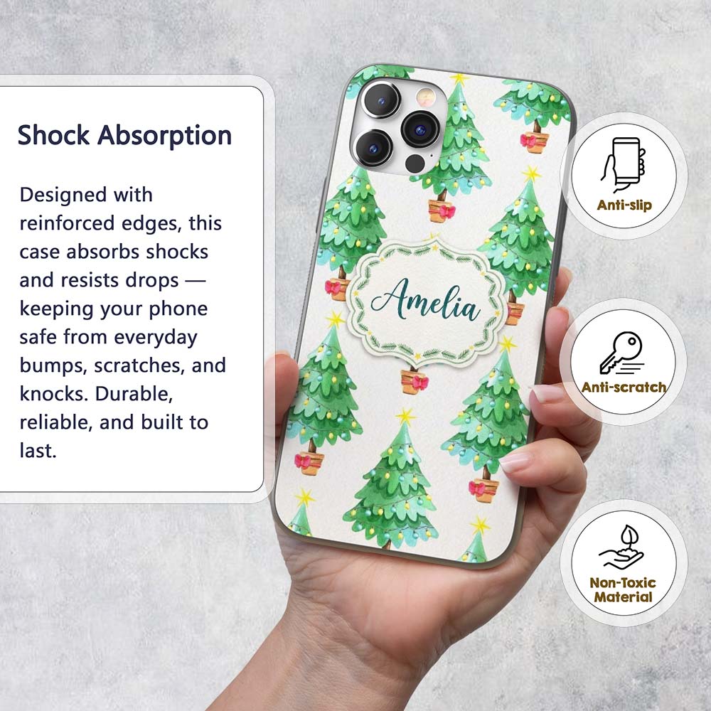 Watercolor Christmas Trees with Lights in Pots Custom Name Protective Phone Case Mobile Cover Durable Everyday Smartphone Shock Resistant