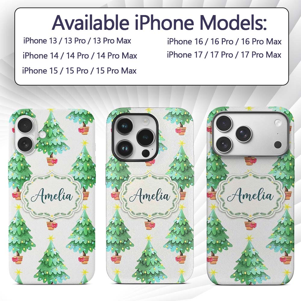 Watercolor Christmas Trees with Lights in Pots Custom Name Protective Phone Case Mobile Cover Durable Everyday Smartphone Shock Resistant