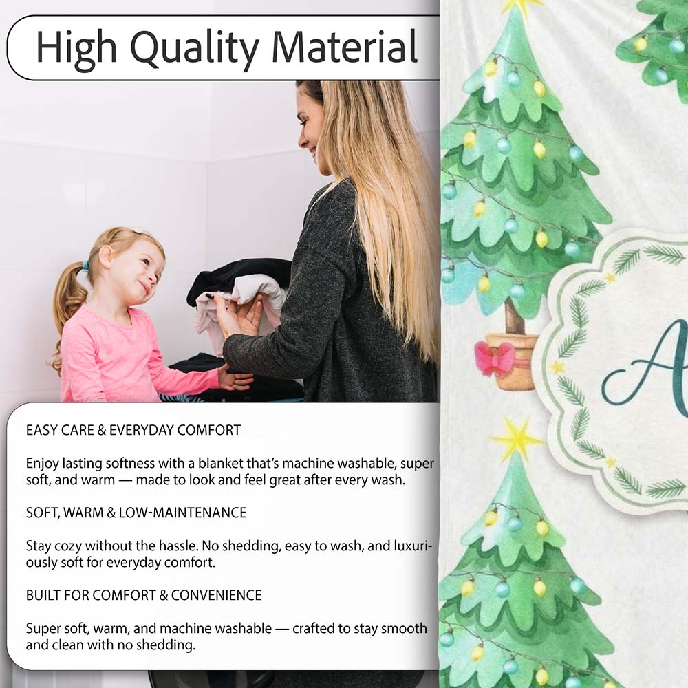 Watercolor Christmas Trees with Lights in Pots Cute Holiday Seamless  Personalised Custom Name Super Soft Fleece Blanket Bed Sofa Throw