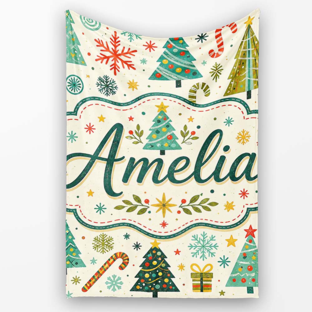 Playful Christmas Trees Candy Canes Snowflakes Festive Seamless  Personalised Custom Name Super Soft Fleece Blanket Bed Sofa Throw