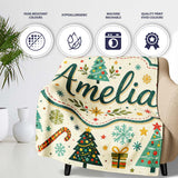 Playful Christmas Trees Candy Canes Snowflakes Festive Seamless  Personalised Custom Name Super Soft Fleece Blanket Bed Sofa Throw