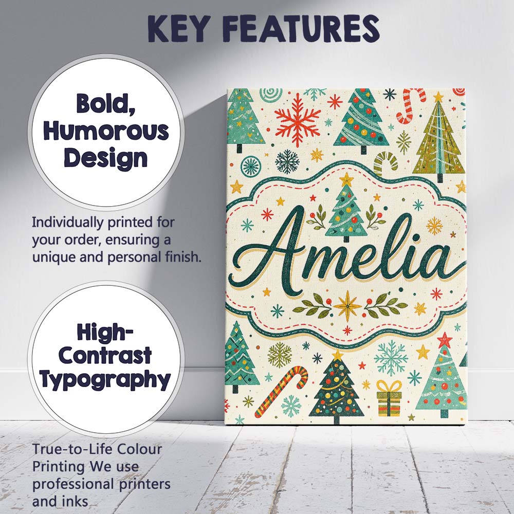 Personalised Name Playful Christmas Trees Custom  Unique Gift Idea Elegant Feature Canvas Wall Art Print Decor Picture Ready to Hang