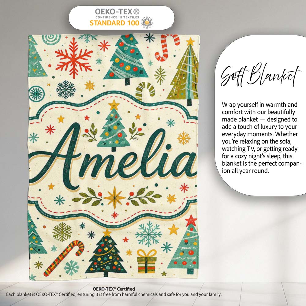Playful Christmas Trees Candy Canes Snowflakes Festive Seamless  Personalised Custom Name Super Soft Fleece Blanket Bed Sofa Throw