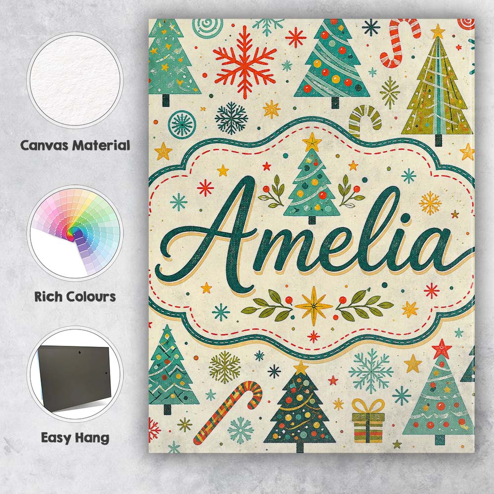 Personalised Name Playful Christmas Trees Custom  Unique Gift Idea Elegant Feature Canvas Wall Art Print Decor Picture Ready to Hang