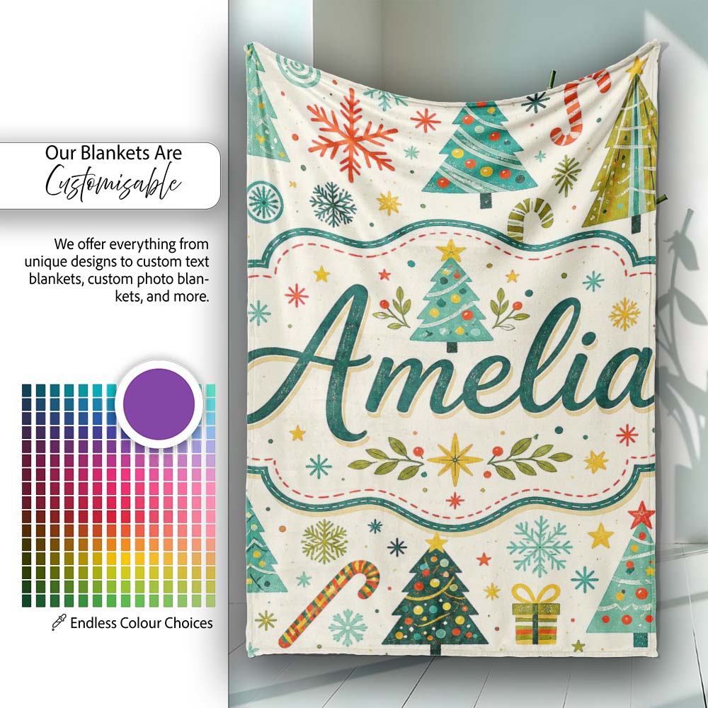 Playful Christmas Trees Candy Canes Snowflakes Festive Seamless  Personalised Custom Name Super Soft Fleece Blanket Bed Sofa Throw