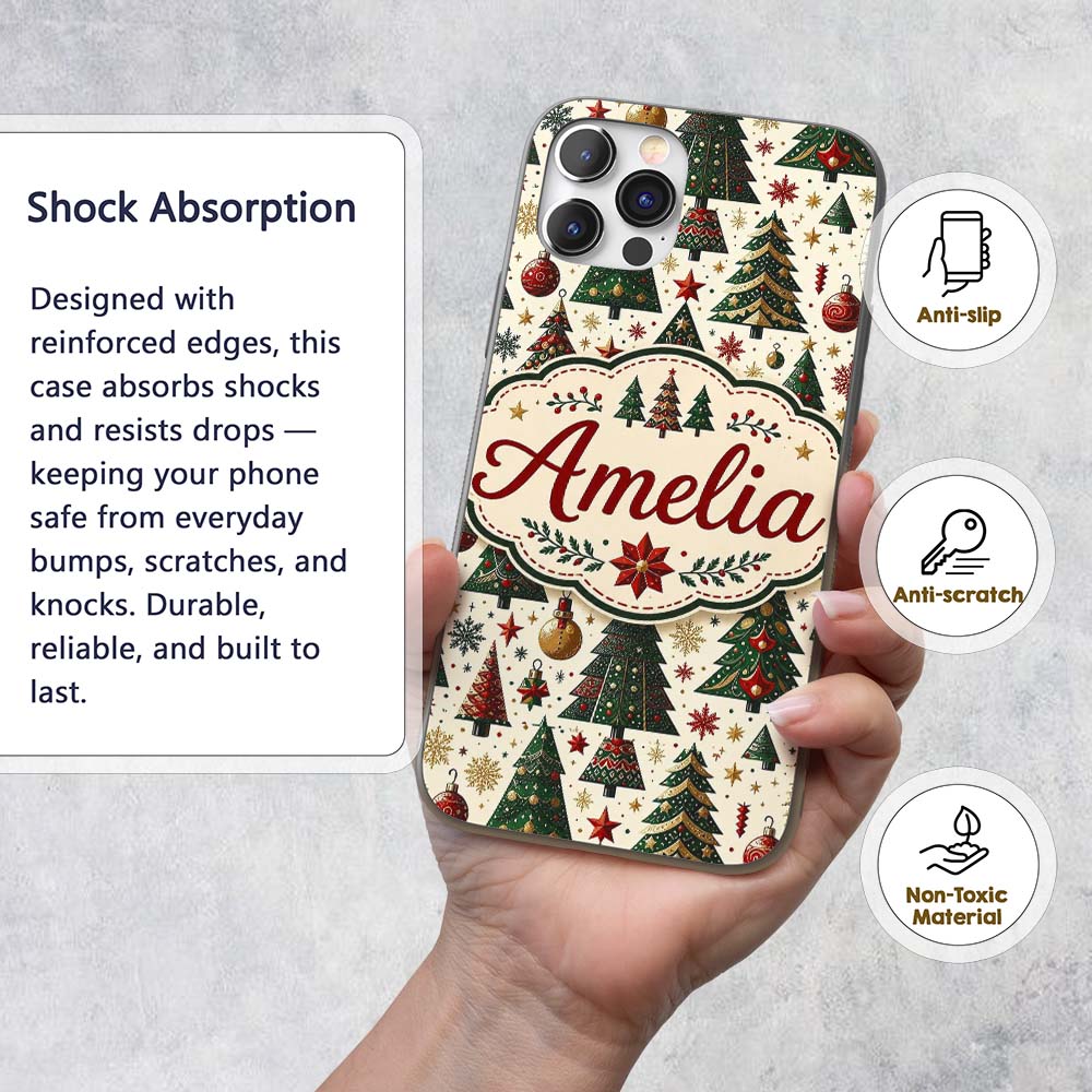 Classic Christmas Trees Ornaments Snowflakes Custom Name Protective Phone Case Mobile Cover Durable Everyday Smartphone Shock Resistant