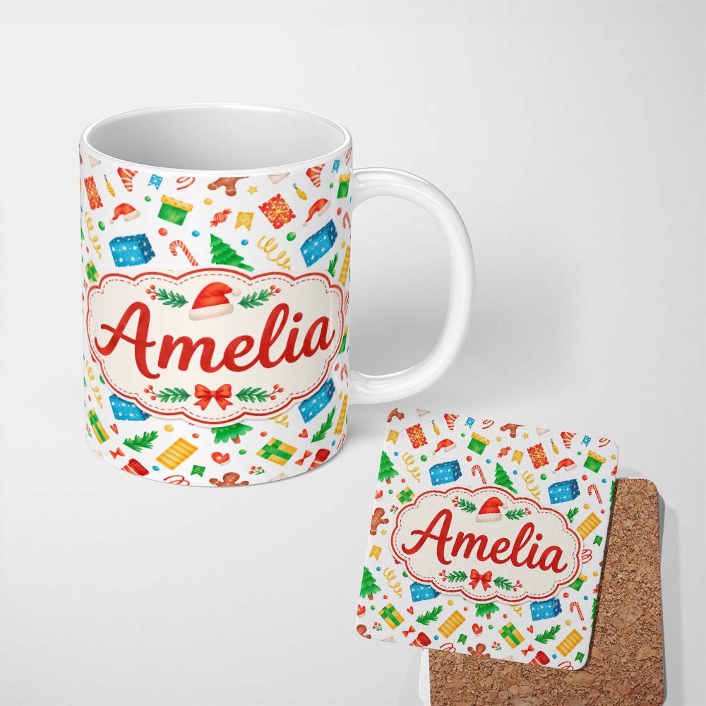 Personalized Custom Name Watercolor Christmas Gifts Candy Gingerbread Festive Holiday Lovely 11oz Ceramic Coffee Tea Mug White Large Handle