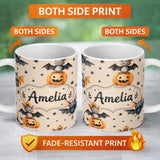 Personalized Custom Name Cute Halloween Bats Sitting on Pumpkins with Stars Beige Background 11oz Ceramic Coffee Tea Mug White Large Handle