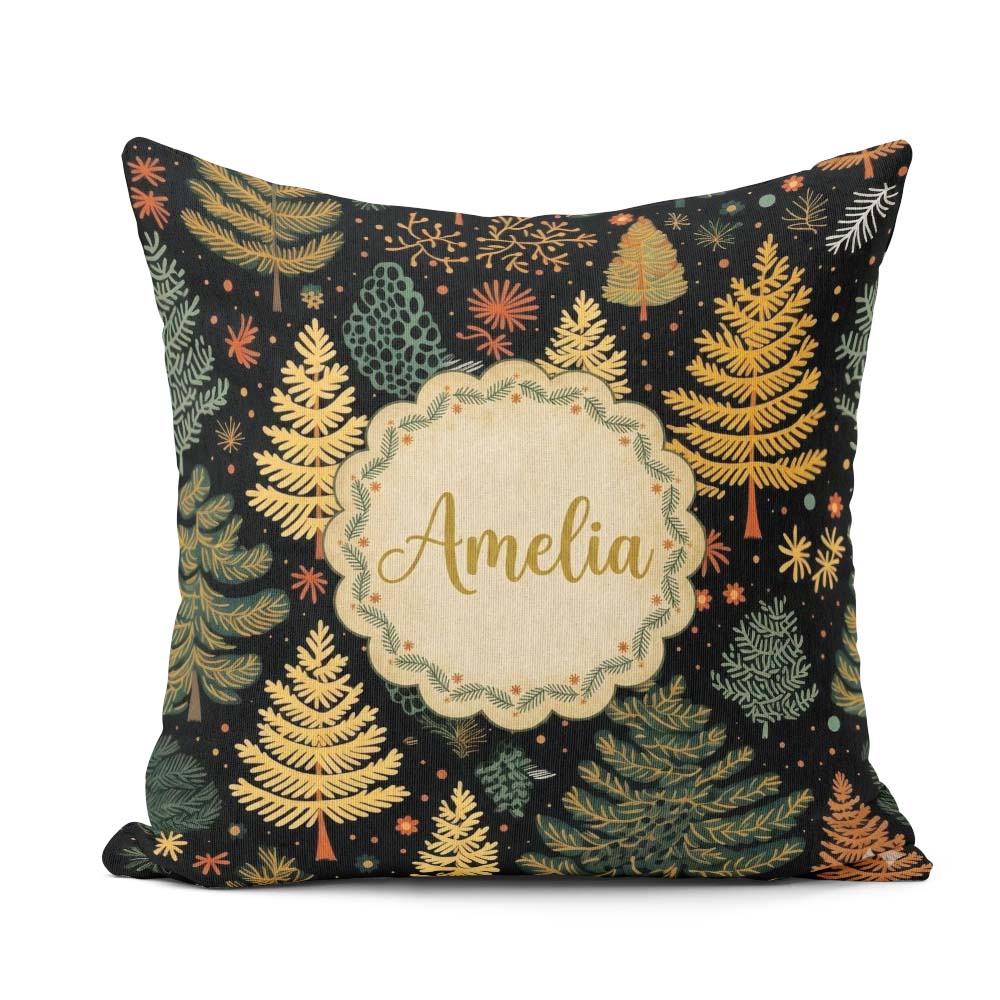 Custom Name Modern Christmas Trees Golden Leaves Dark Background Square Filled Cushion Throw Pillow Sofa Bed Home Decor Zip Washable UK Made