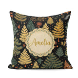 Custom Name Modern Christmas Trees Golden Leaves Dark Background Square Filled Cushion Throw Pillow Sofa Bed Home Decor Zip Washable UK Made