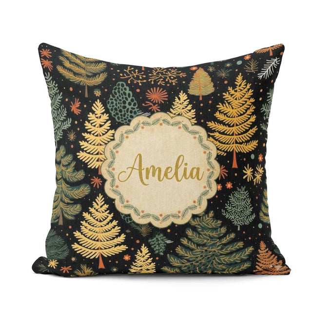 Custom Name Modern Christmas Trees Golden Leaves Dark Background Square Filled Cushion Throw Pillow Sofa Bed Home Decor Zip Washable UK Made