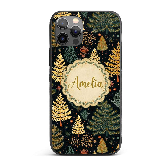 Modern Christmas Trees Golden Printed Design Custom Name Protective Phone Case Mobile Cover Durable Everyday Smartphone Shock Resistant